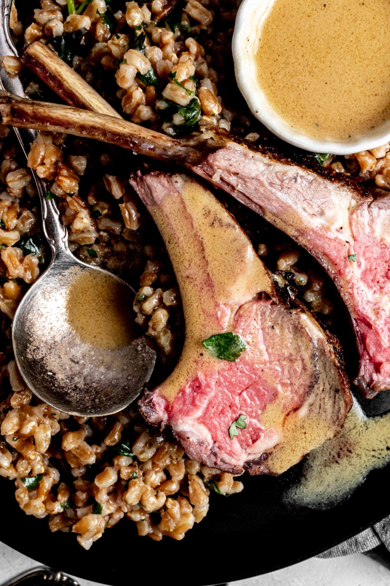 Reverse Sear Rack of Lamb with Dijon Mustard Sauce + Herby Farro Whisked Away Kitchen