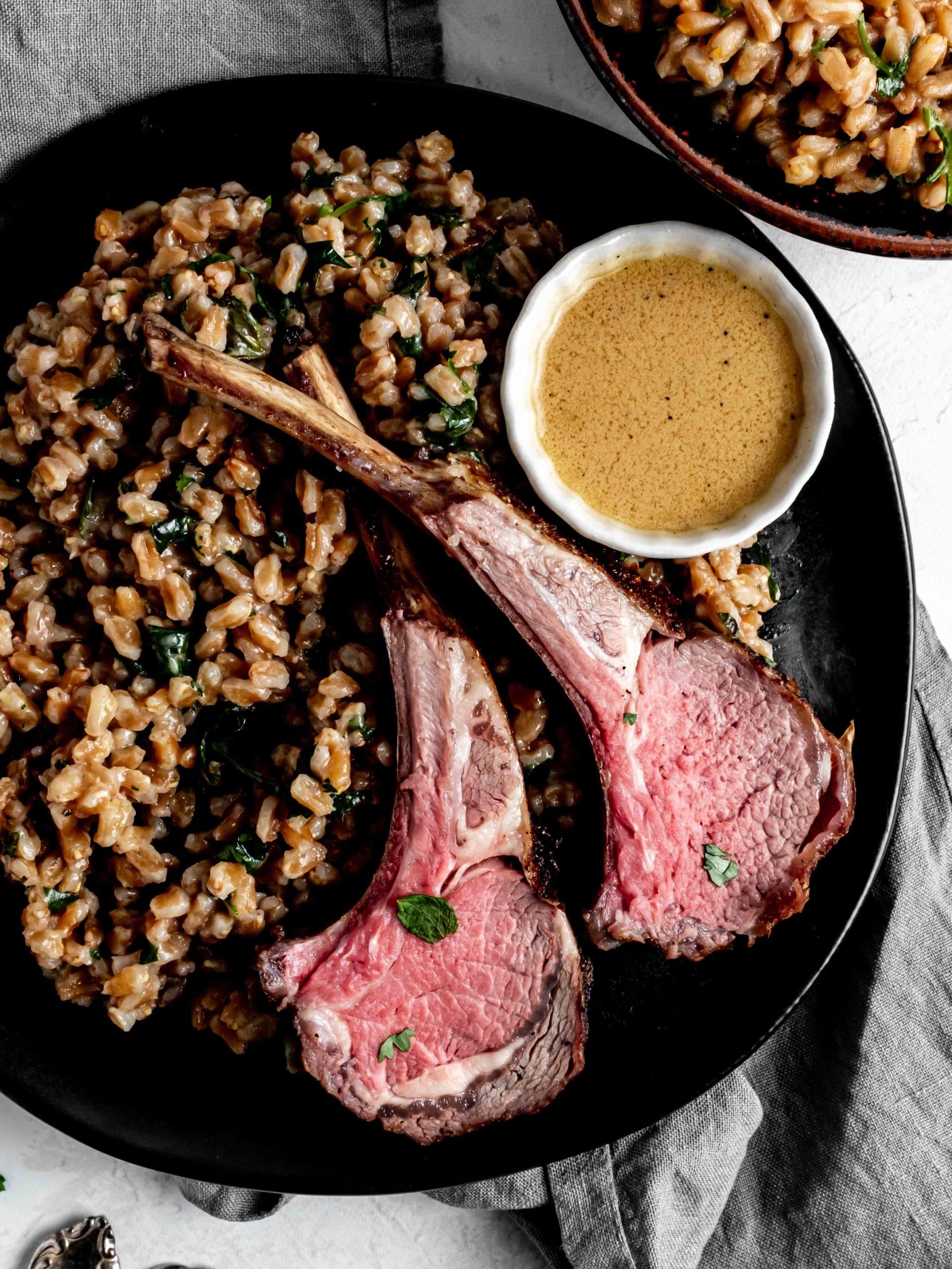 lamb chops with herby farro and dijon sauce