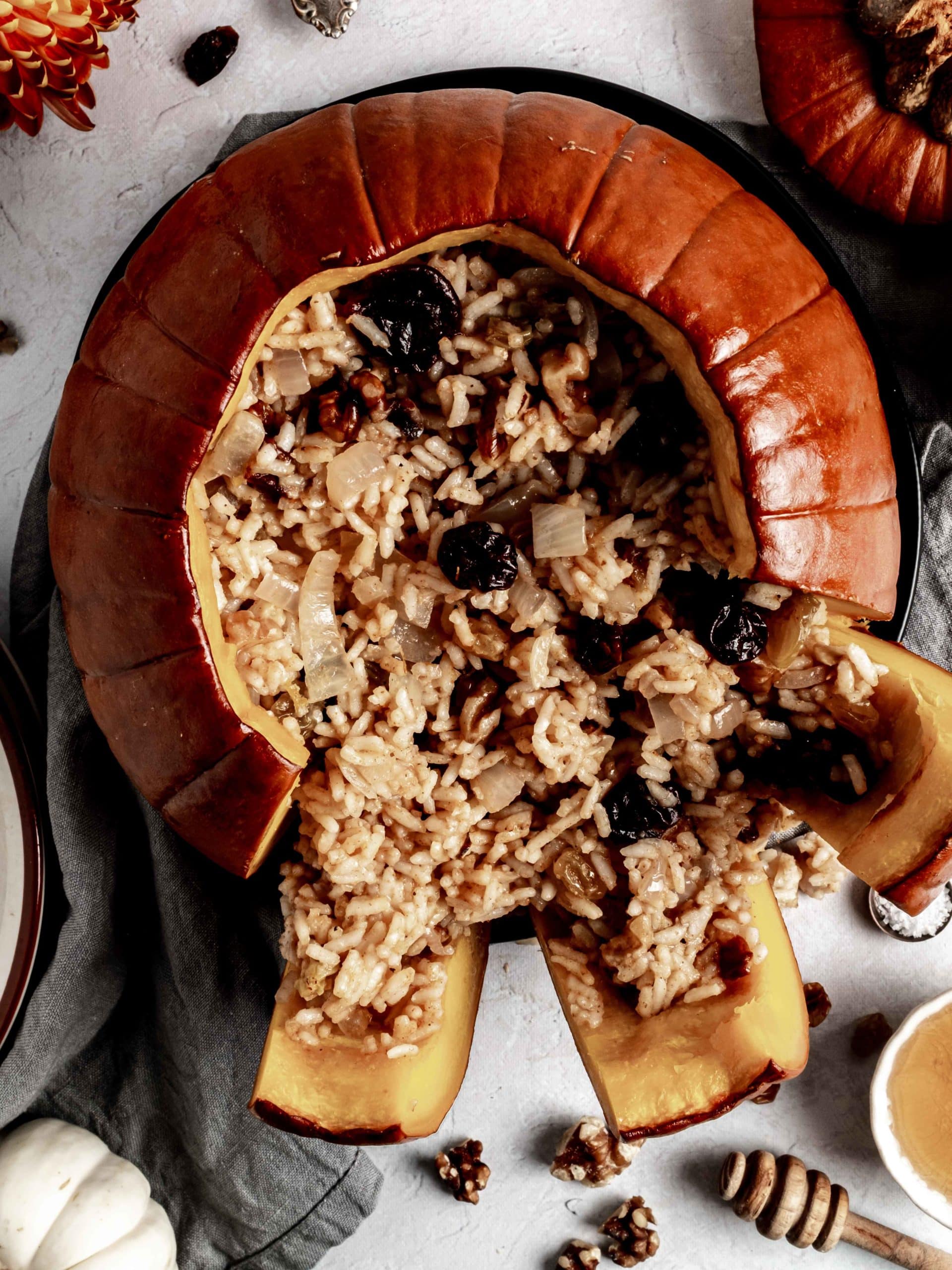 pumpkin stuffed with rice, dried fruit and nuts