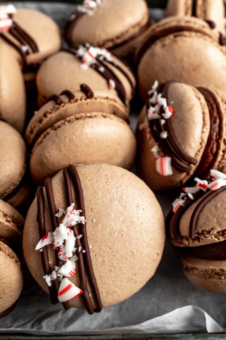 close up of peppermint mocha macaron