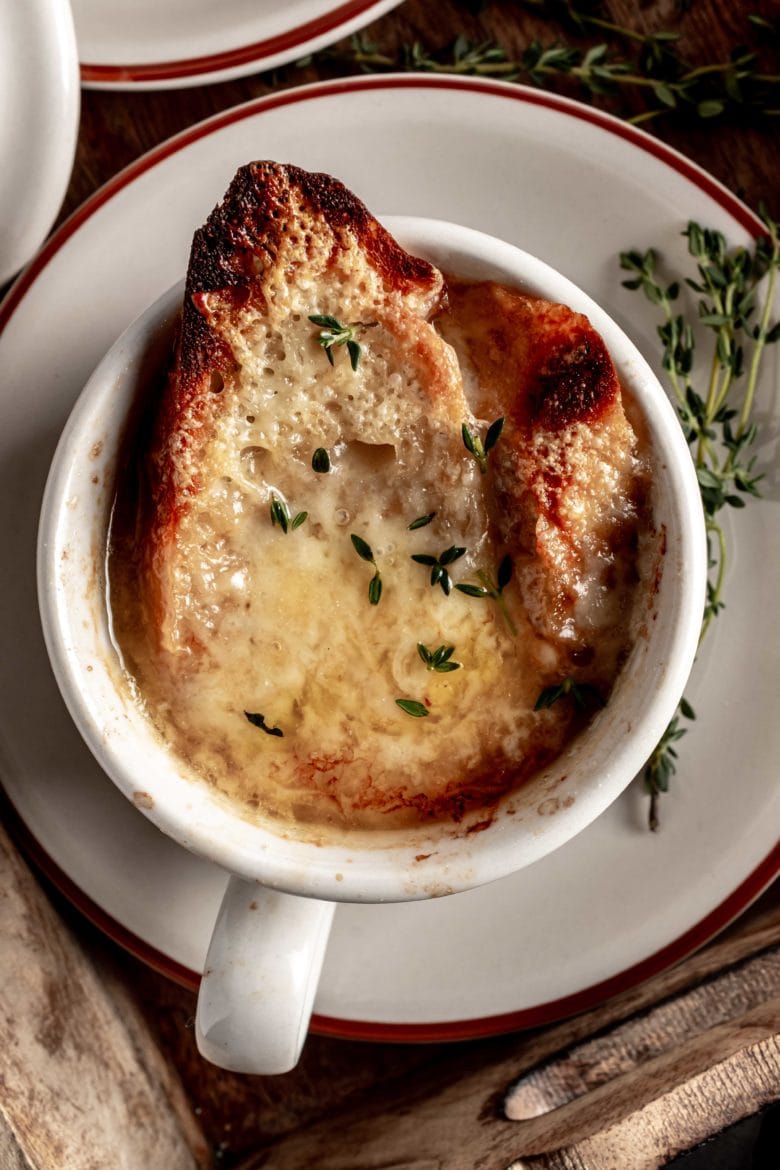 french onion soup with cheesy bread topping
