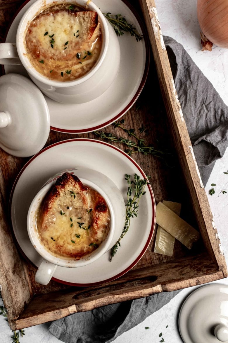 two bowls of french onion soup