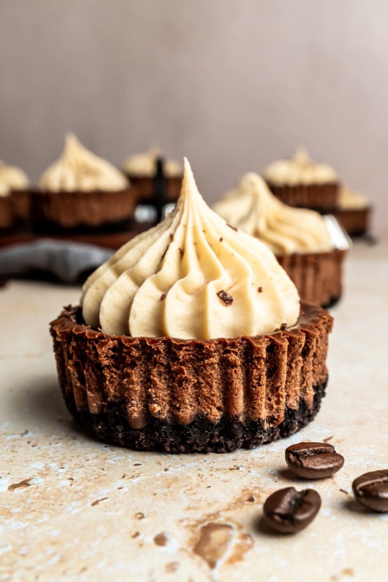 mini mocha cheesecake with kahlua whipped ganache