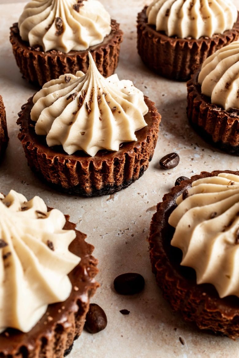 overhead view of mini mocha cheesecakes