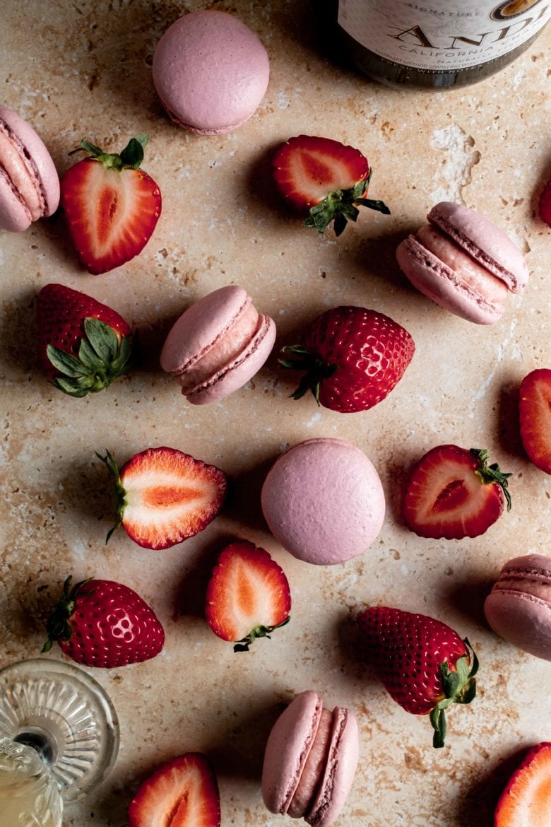 overhead view of valentine's day macarons