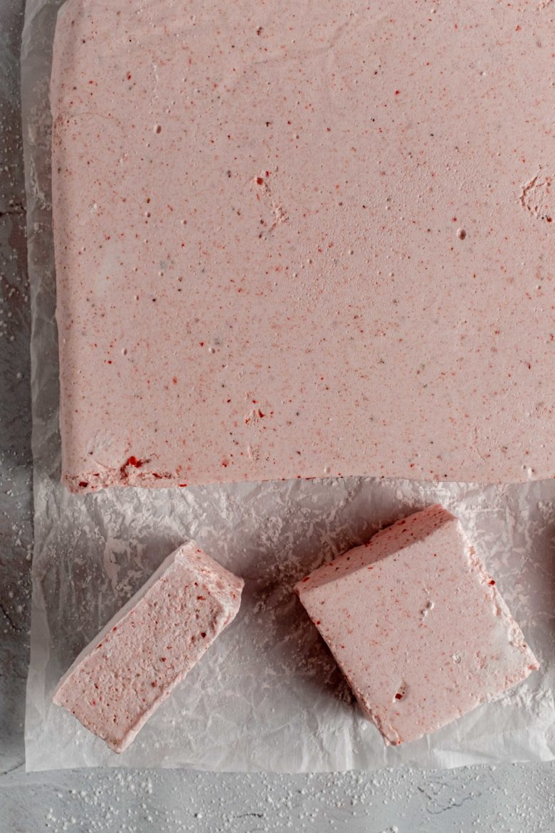cutting out strawberry marshmallows