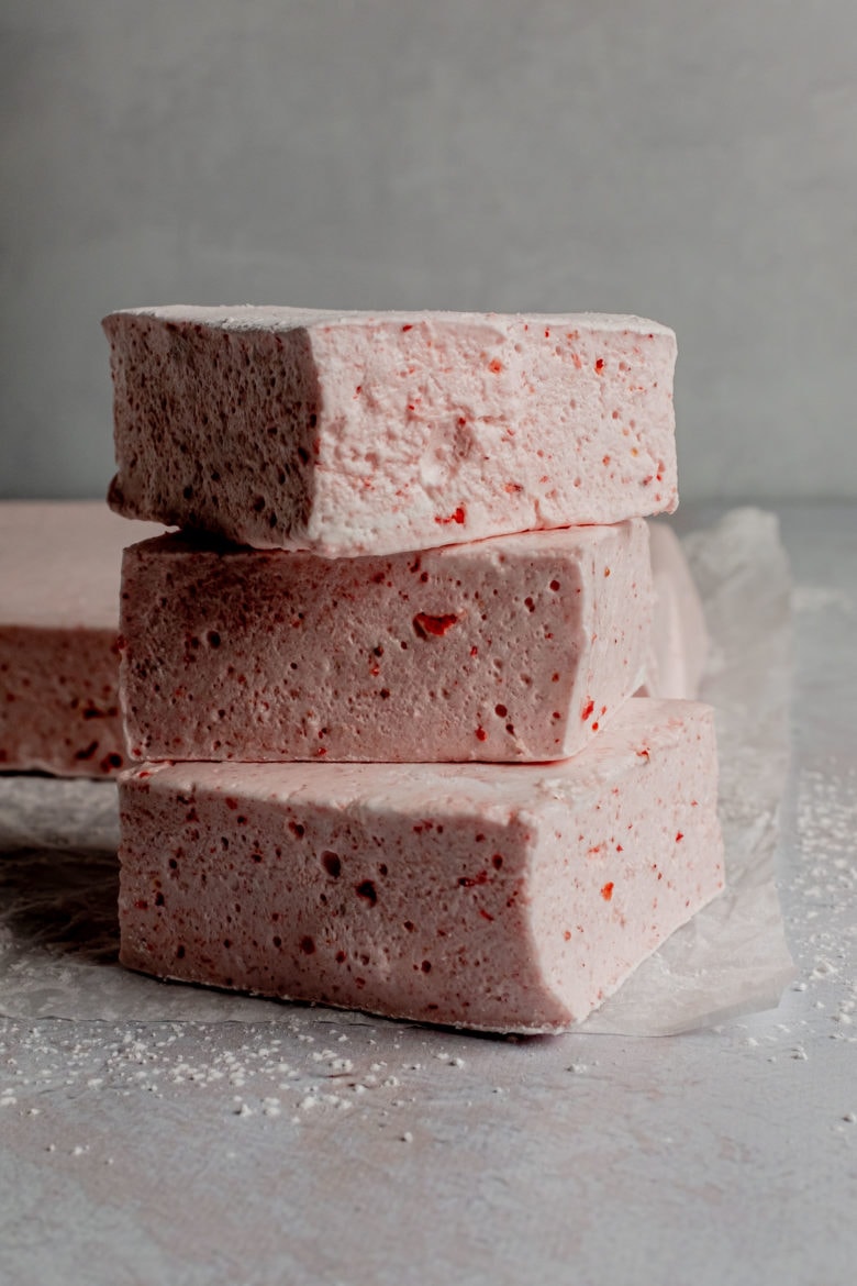 stack of homemade strawberry marshmallows