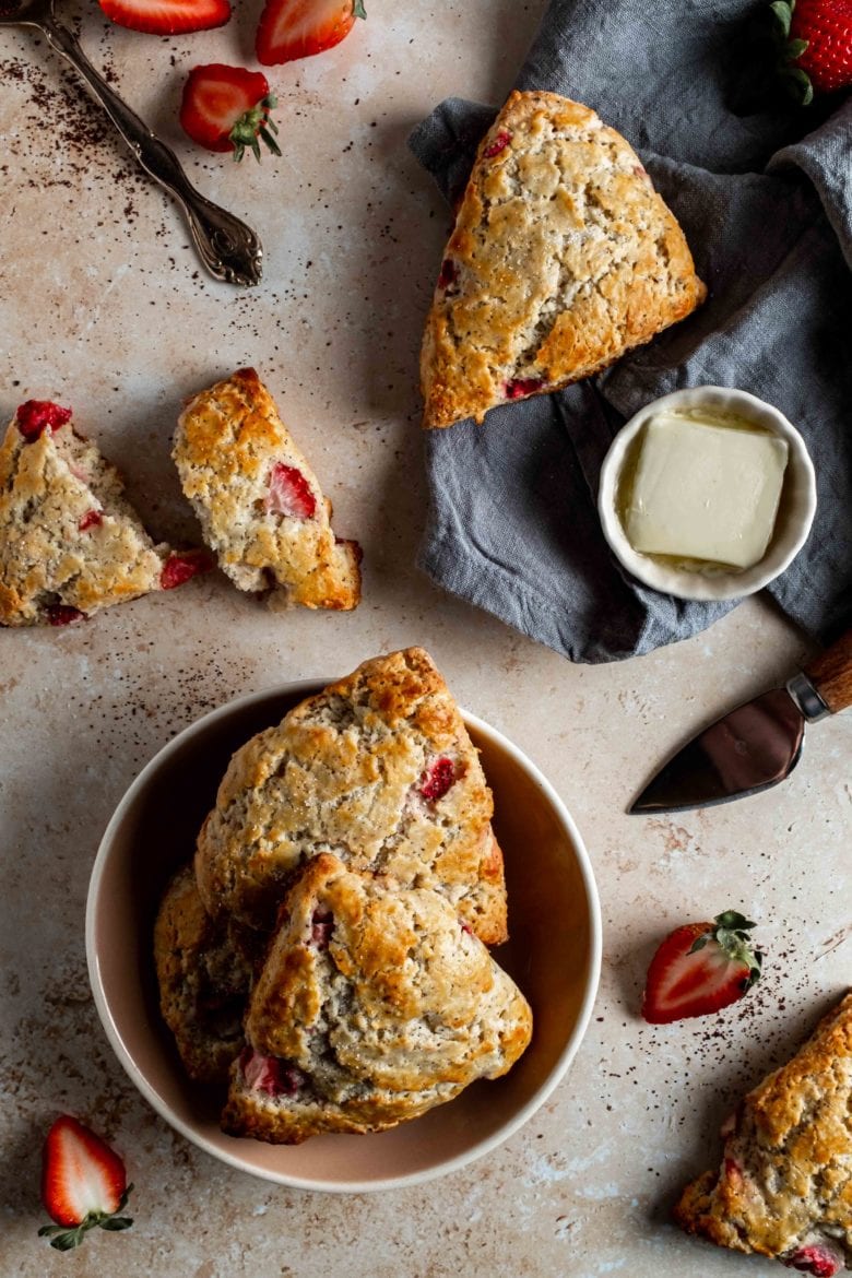 overhead view of freshly baked strawberry scones