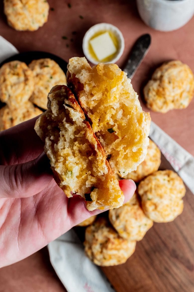 light and fluffy inside of cheddar drop biscuit
