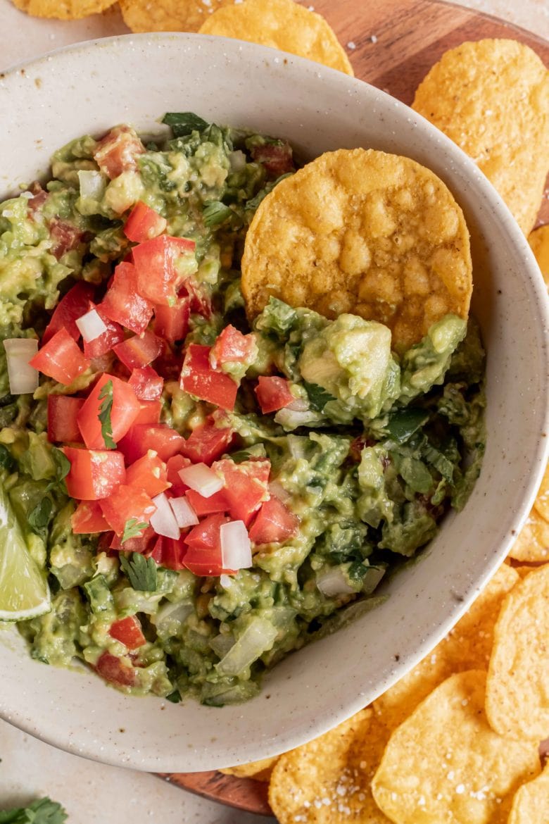 chunky guacamole with tortilla chips