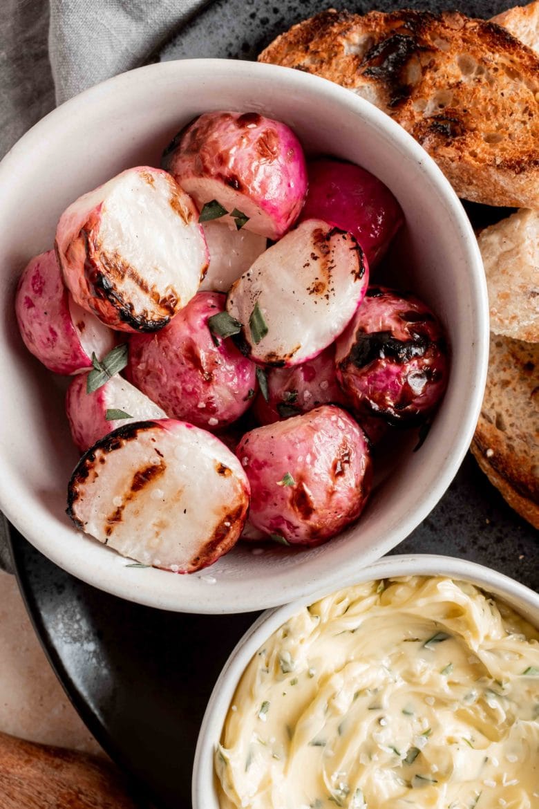 close up of radishes with grill marks