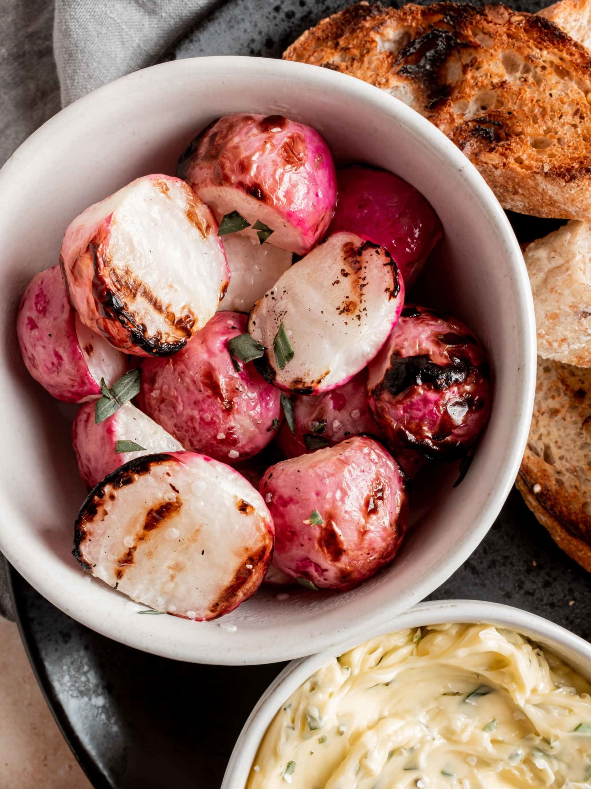 Grilled Radishes + Herb Butter Baguette