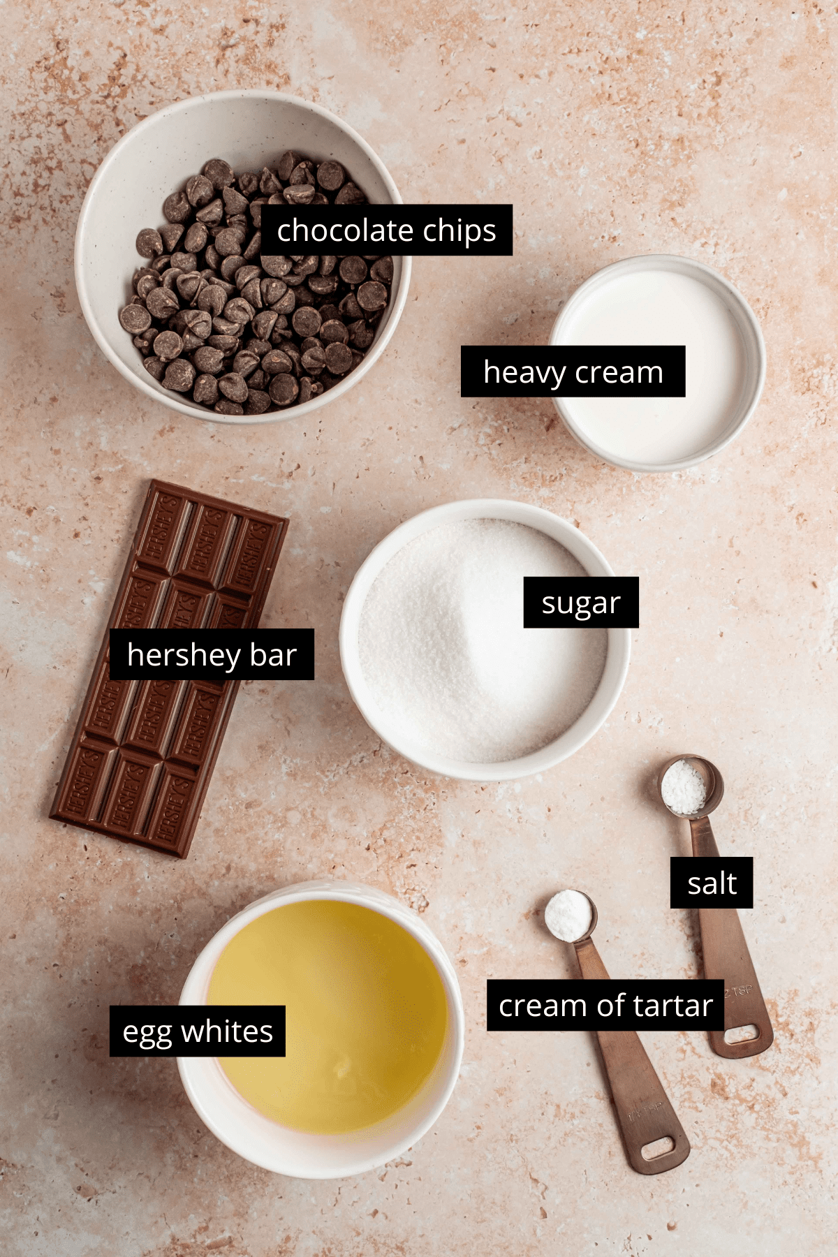 ingredients for meringue topping and chocolate ganache
