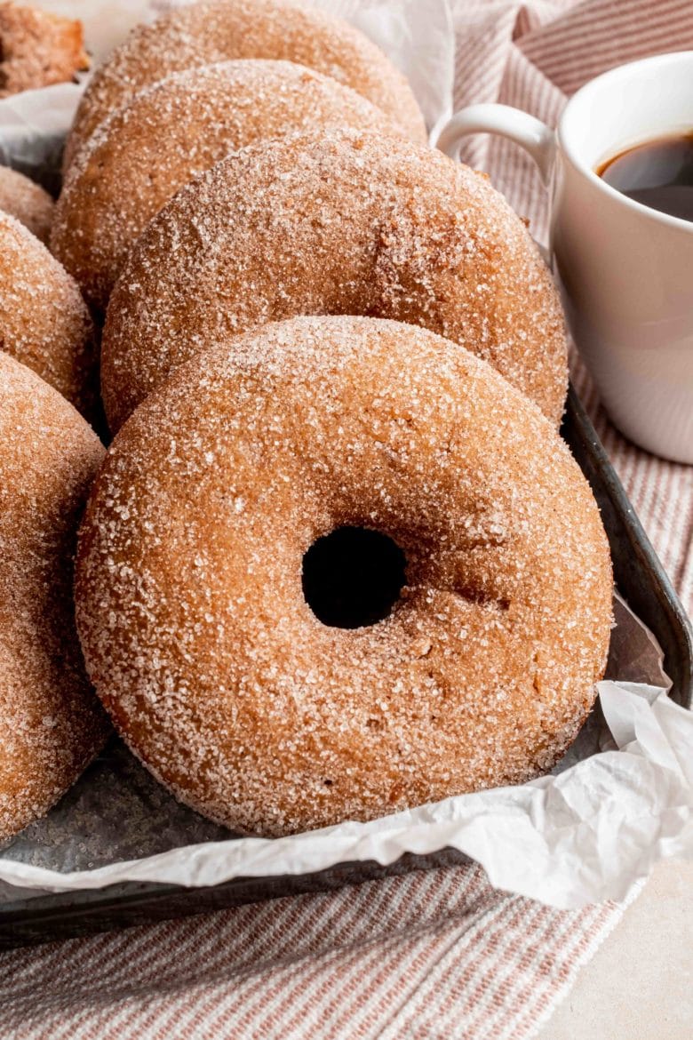 close up of cinnamon sugar coated donuts