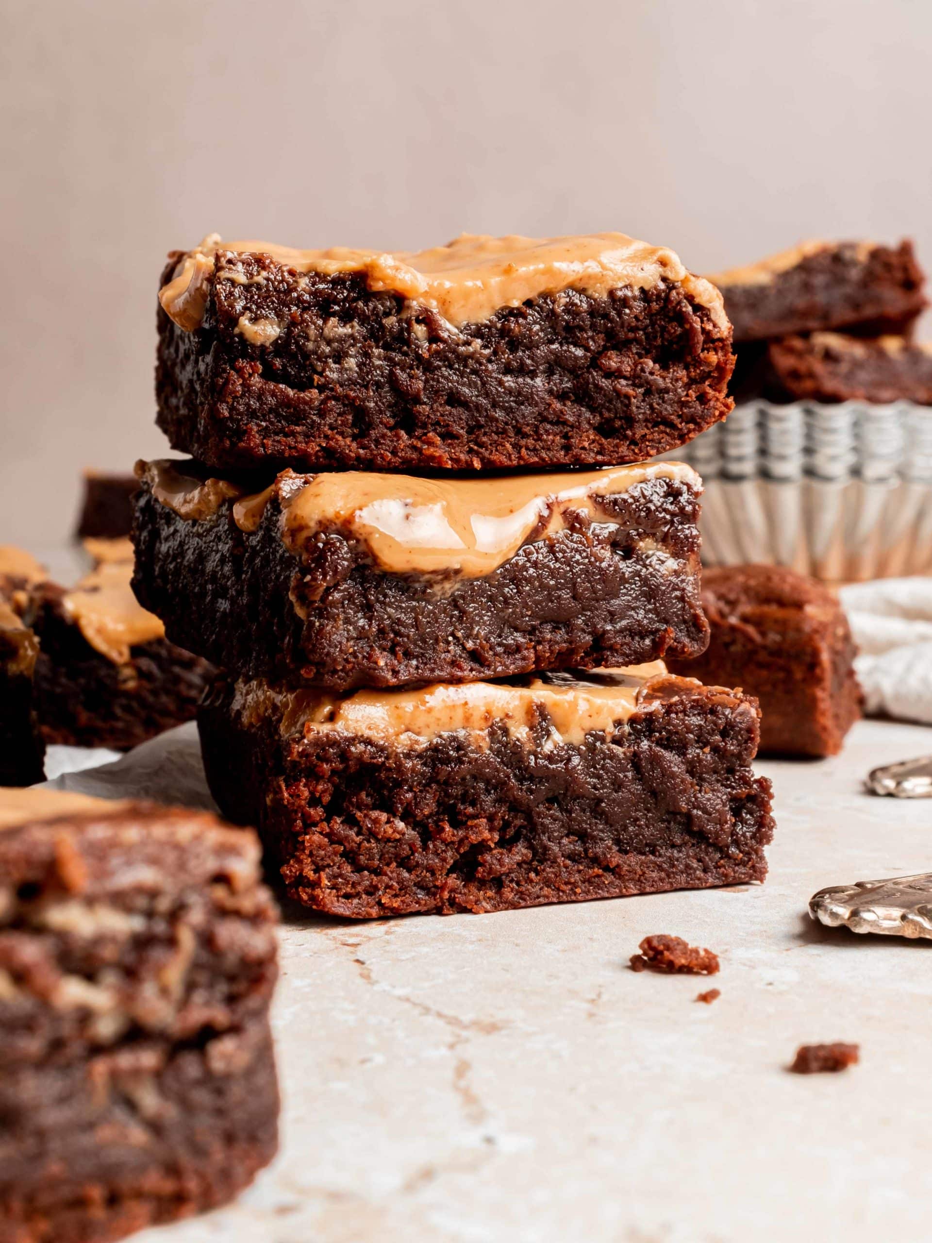 stack of chocolate peanut butter brownies