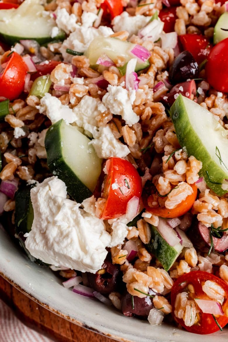 close up of mixed farro salad