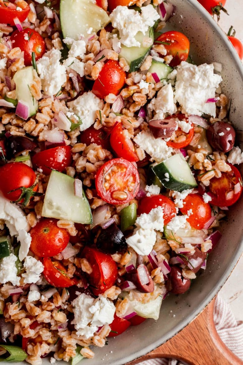 close up of farro salad