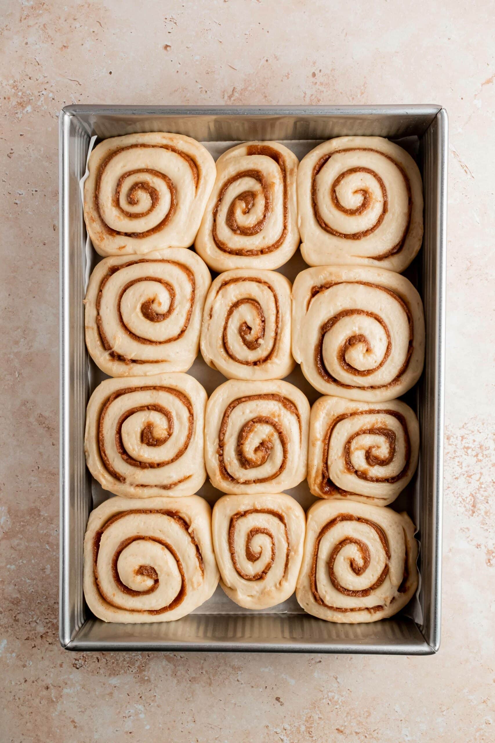unbaked cinnamon rolls after final proof