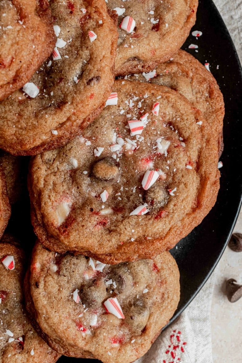 close up of chocolate chip peppermint cookies