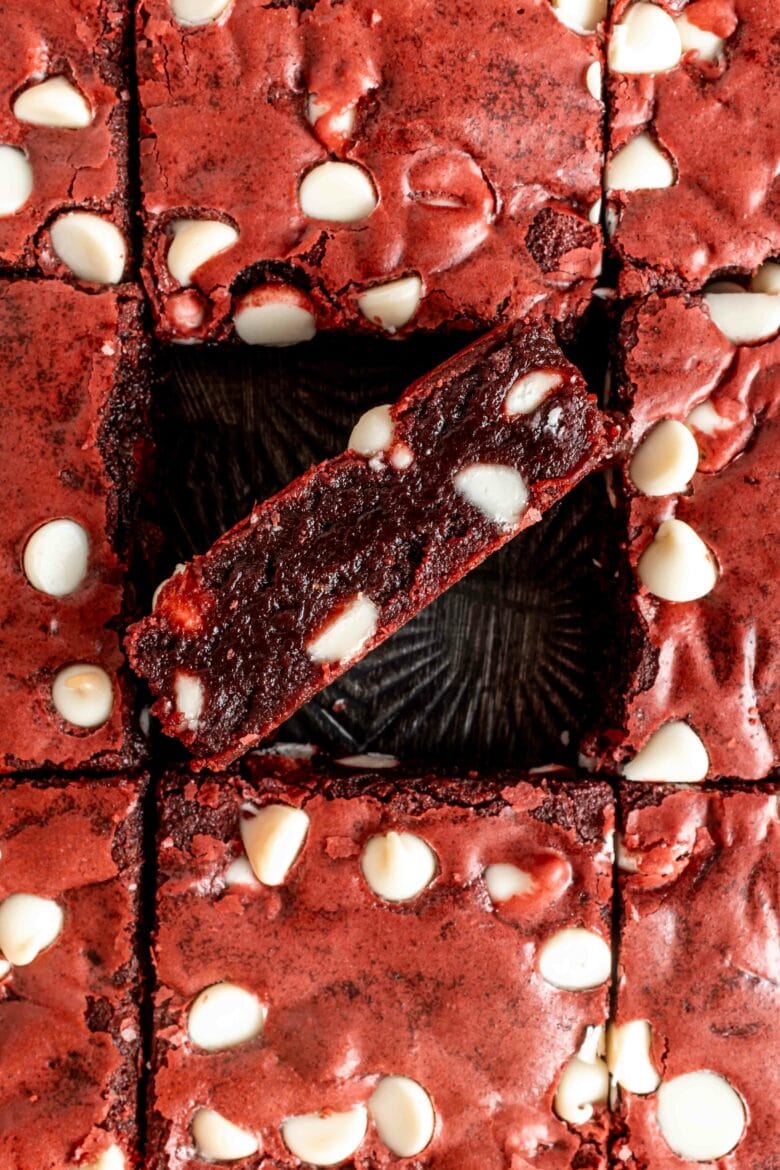 pan of red velvet brownies with fudgy inside