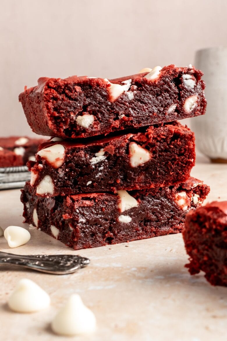 stack of fudgy brownies with chocolate chips