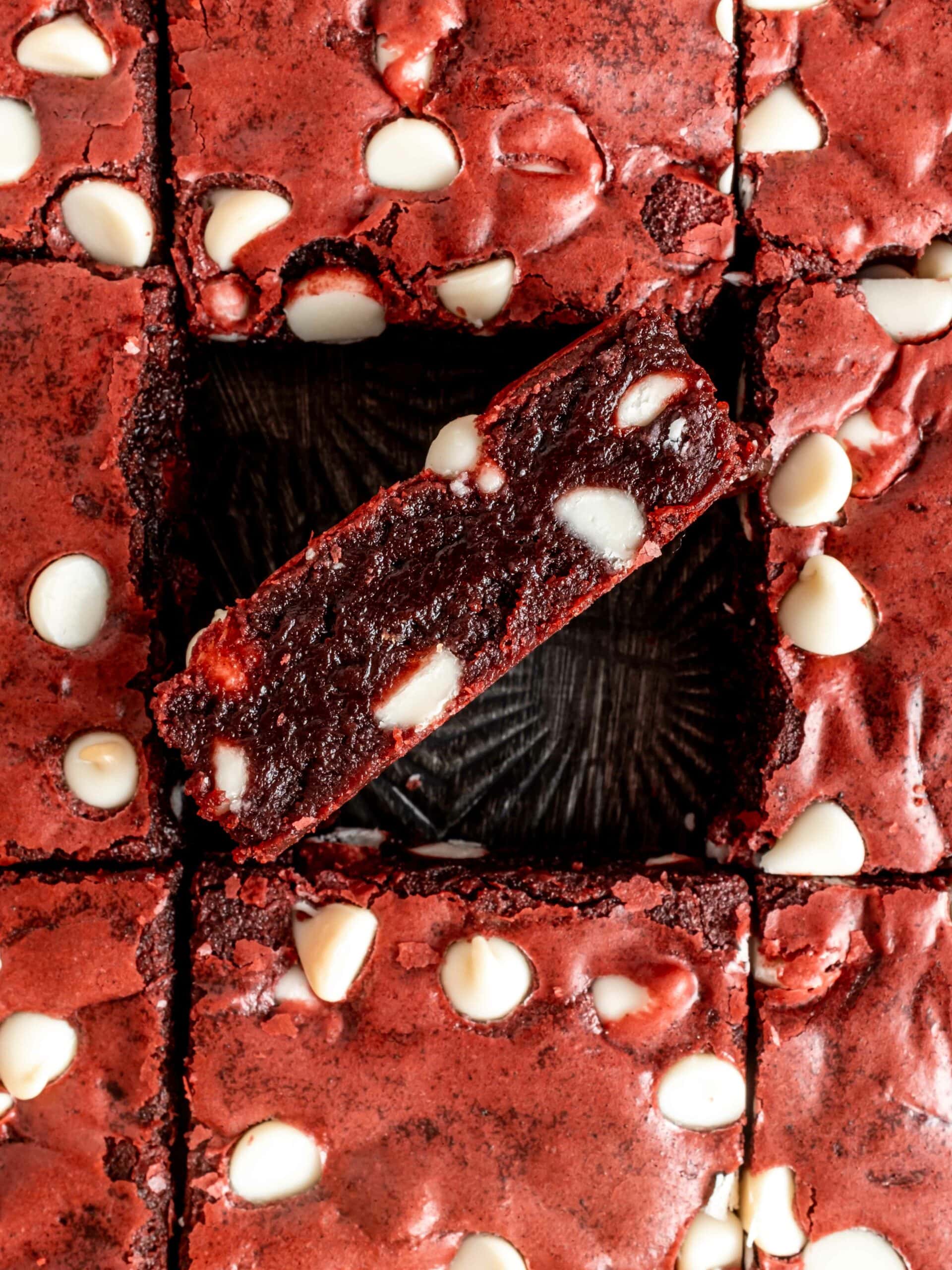 pan of red velvet brownies with fudgy inside