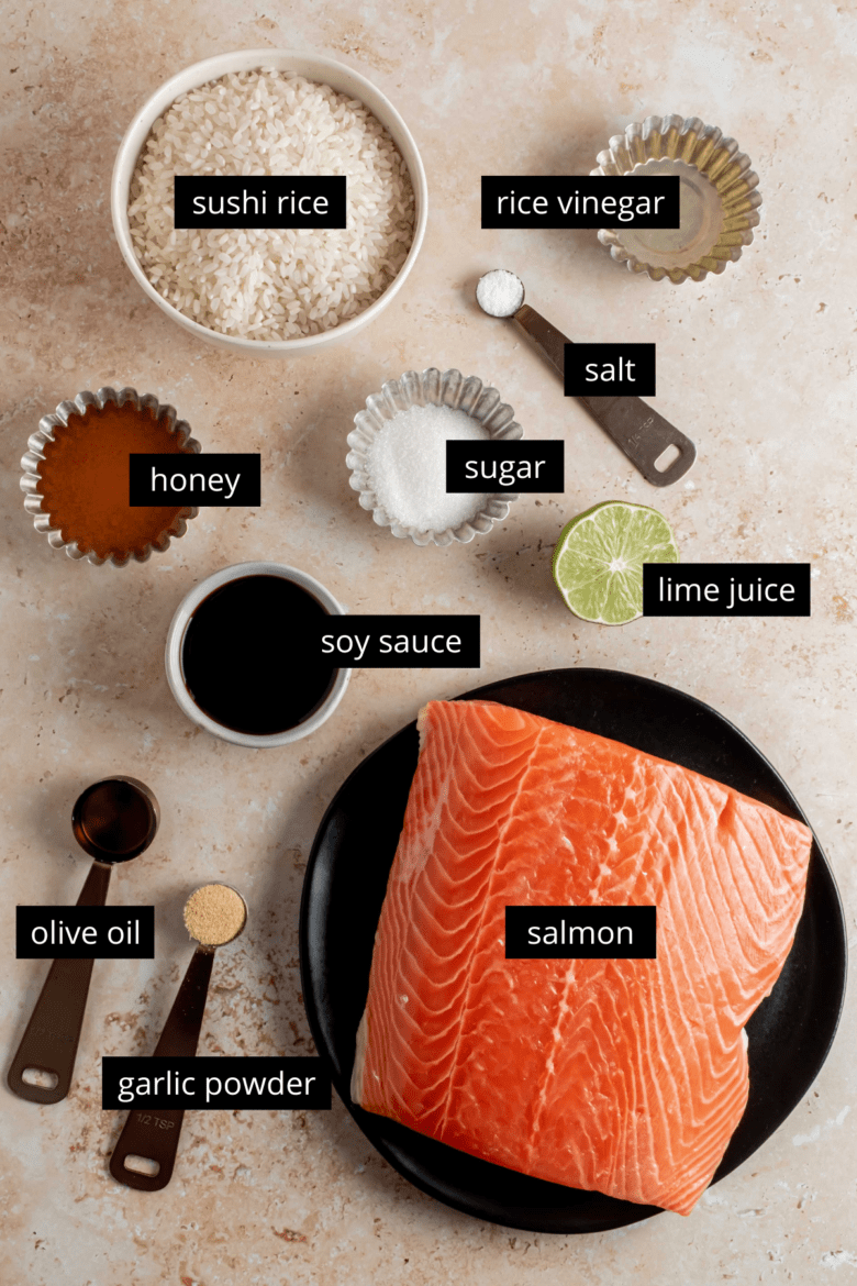 ingredients to make soy glazed broiled salmon and sushi rice