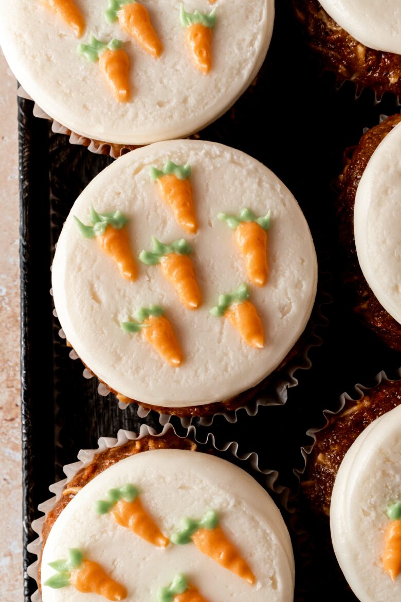 Close up of cupcake top with mini carrot decorations