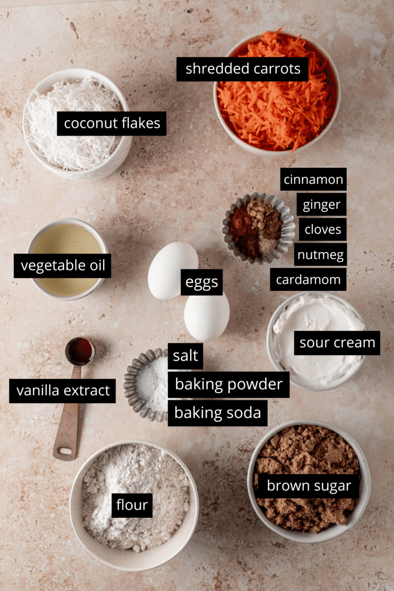 Ingredients to make carrot cake cupcakes with coconut