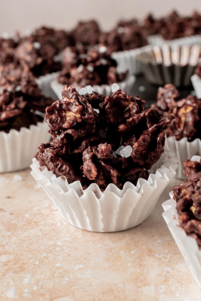 chocolate covered cornflake confection in mini muffin liner
