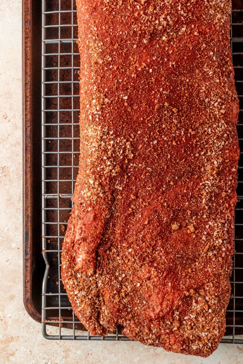 Slab of ribs covered in dry rub