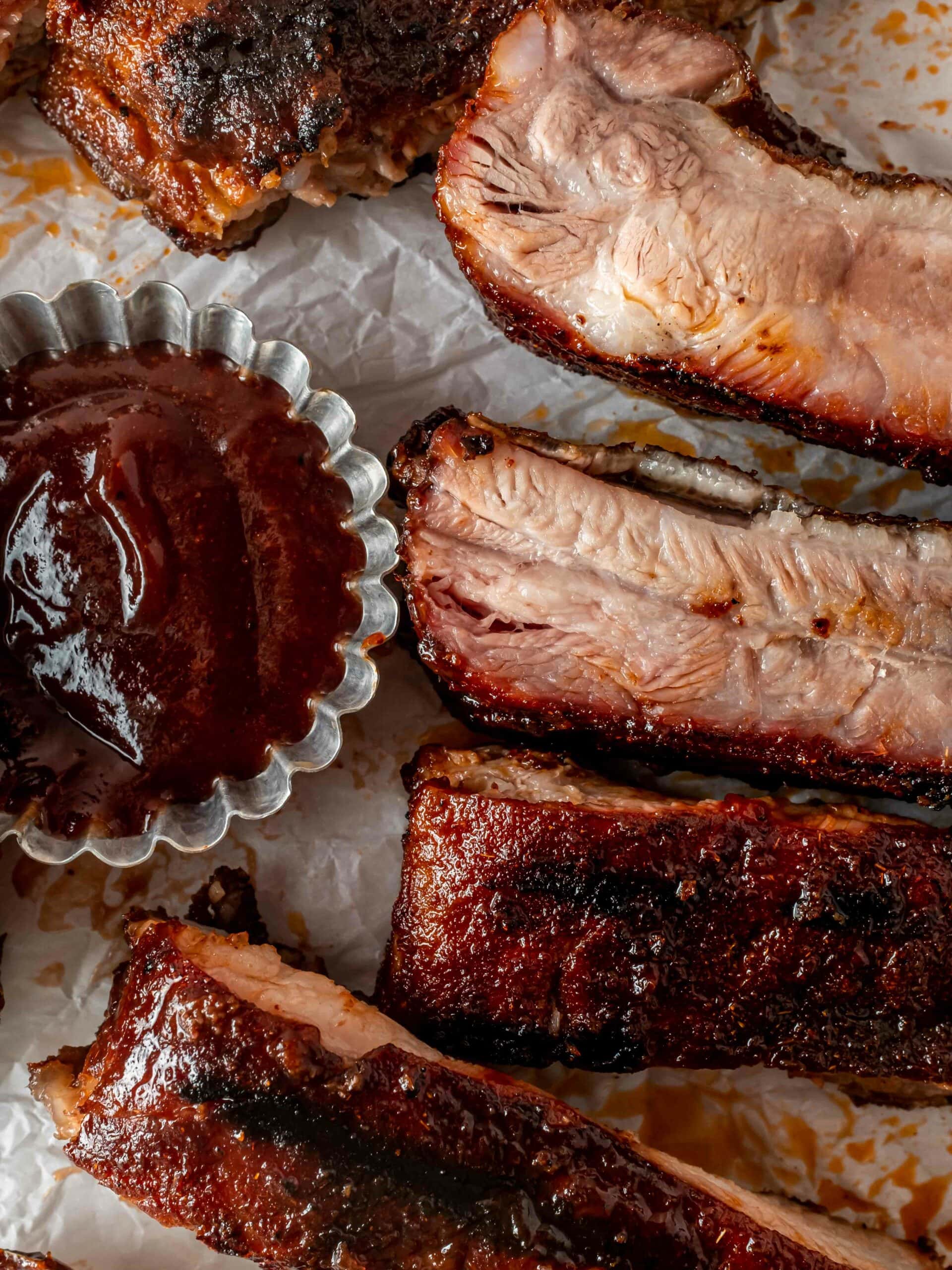 Close up of ribs with barbecue sauce
