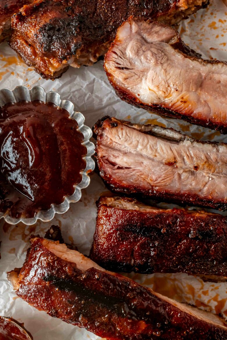 Close up of ribs with barbecue sauce