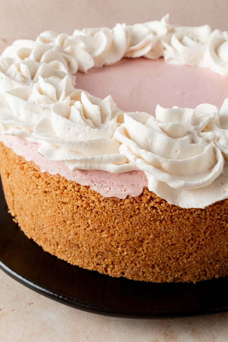 close up of mousse cake in graham cracker crust