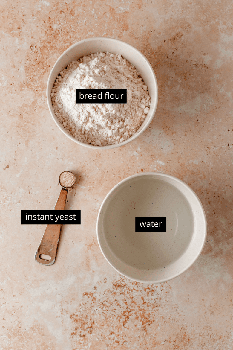 Bread flour, water and instant yeast to make poolish