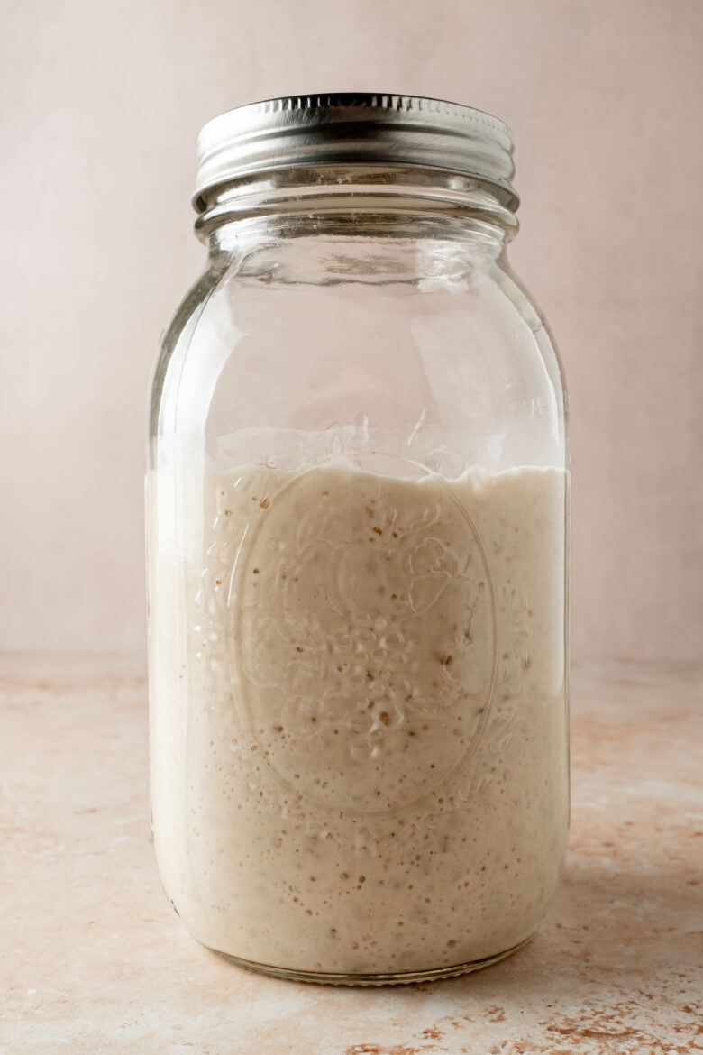 Bubbly, fermented poolish in jar