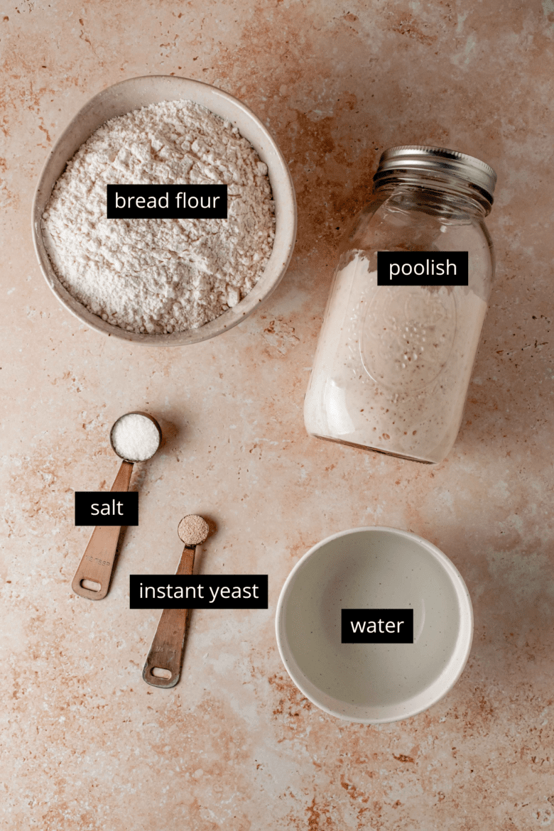 Ingredients to make pizza dough with poolish