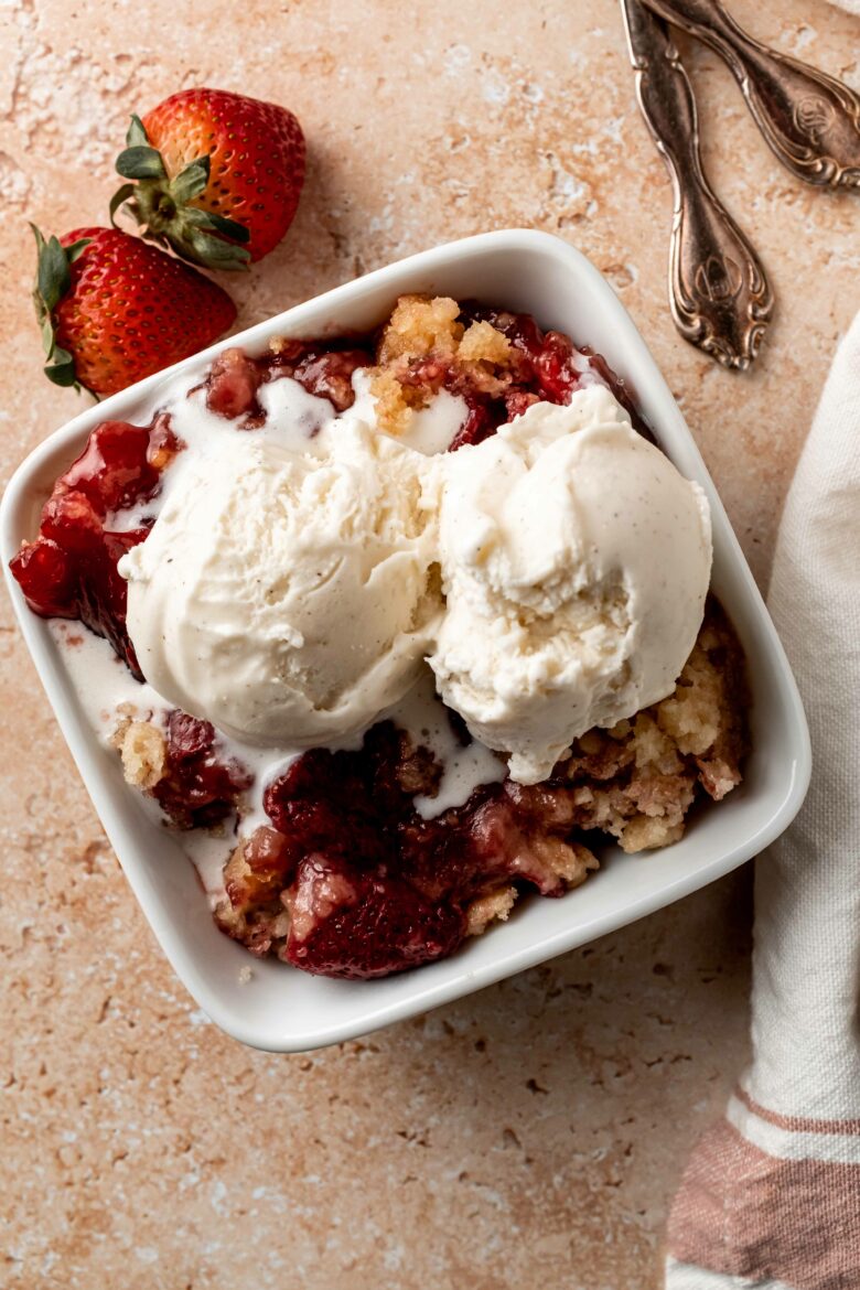 small dish with serving of crumble and ice cream
