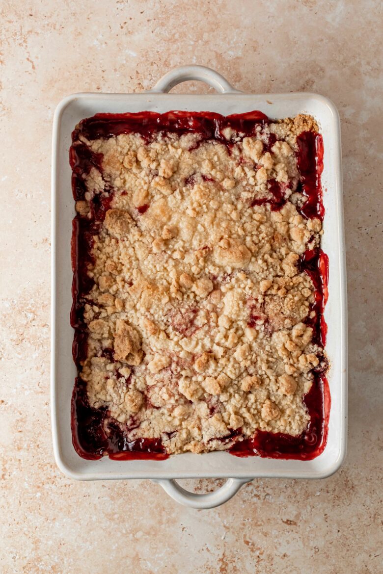 strawberry crumble in baking dish right out of the oven