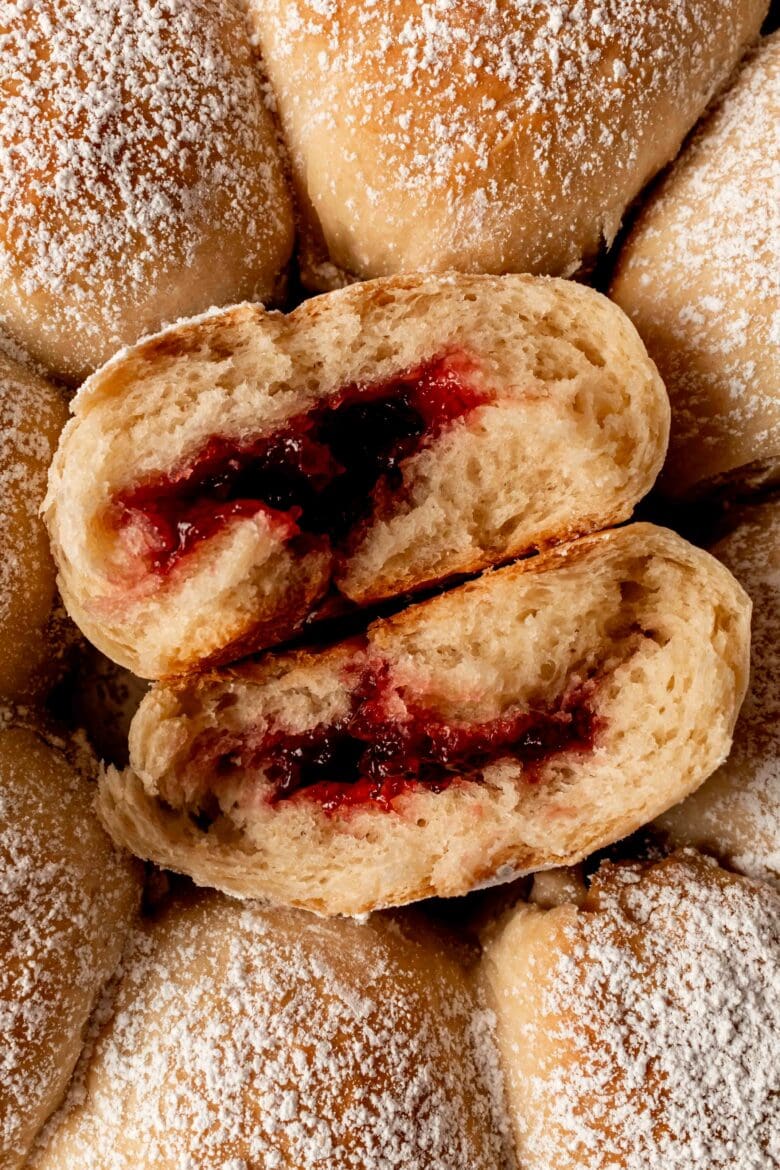cross section of buns showing cherry jam