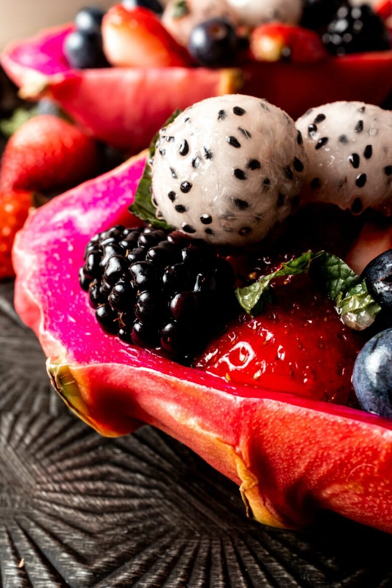 Close up of dragon bowl rounds in fruit salad