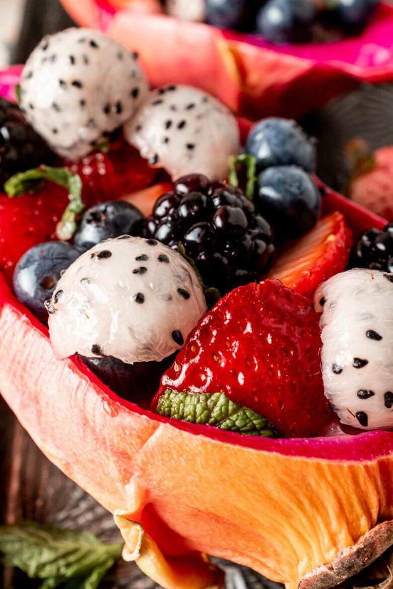 Using dragon fruit as a bowl for fruit salad