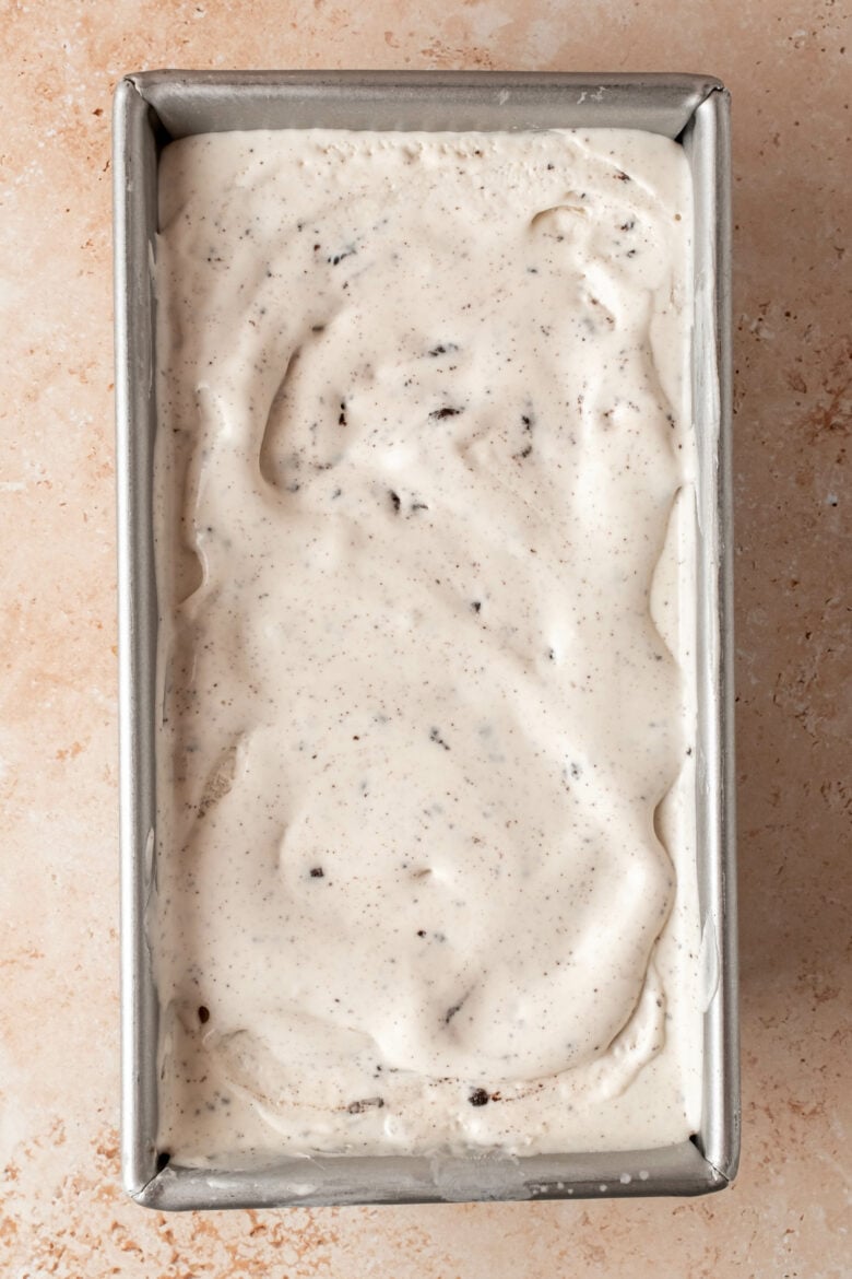 ice cream in loaf pan before freezing