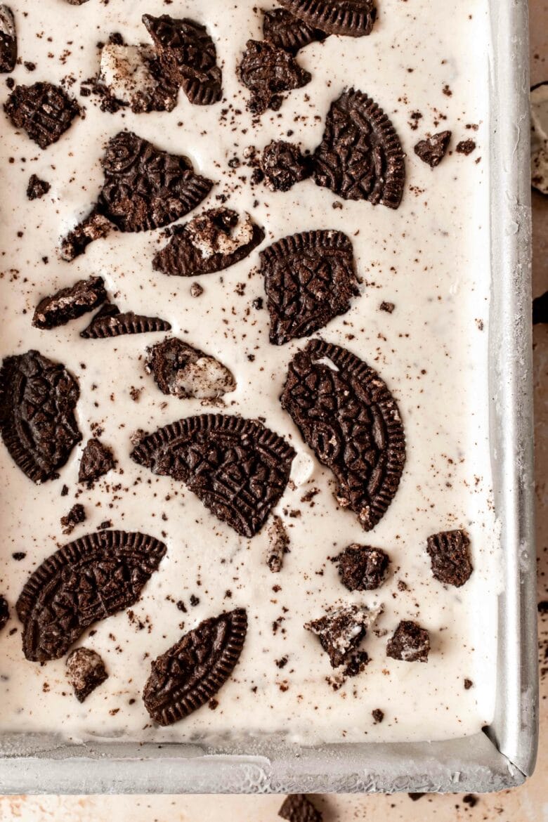 frozen ice cream in tin topped with oreo pieces
