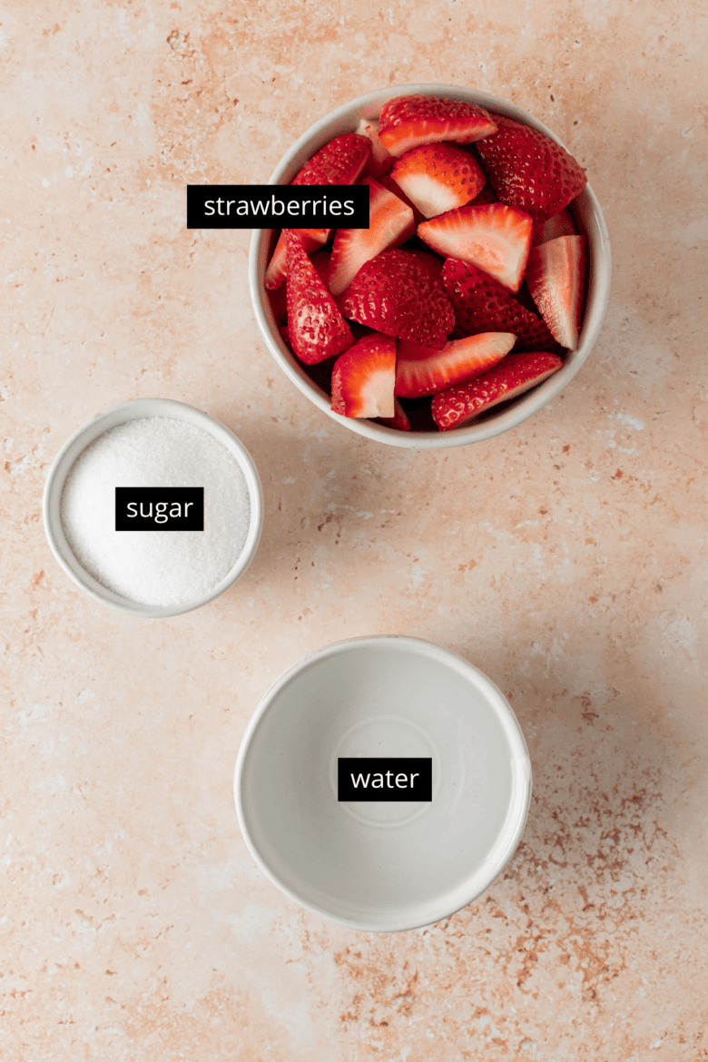strawberries, sugar and water to make strawberry syrup