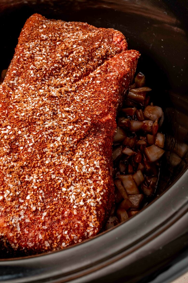 Spice rubbed pulled pork in the slow cooker