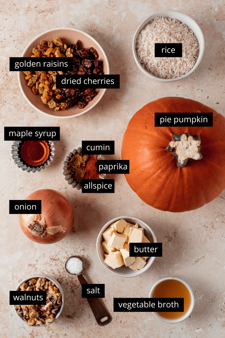 Ingredients to make rice stuffed pumpkin.