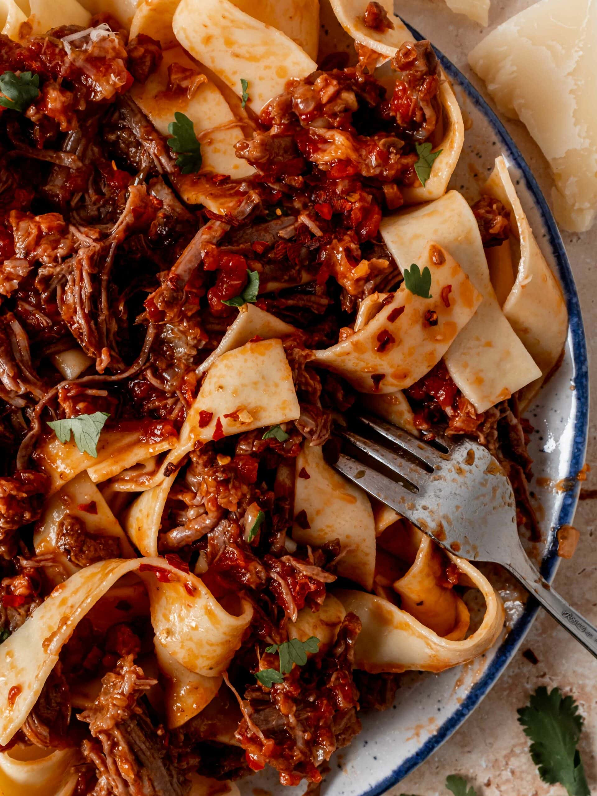 Short rib ragu over pappardelle noodles with parmesan and red pepper flakes.
