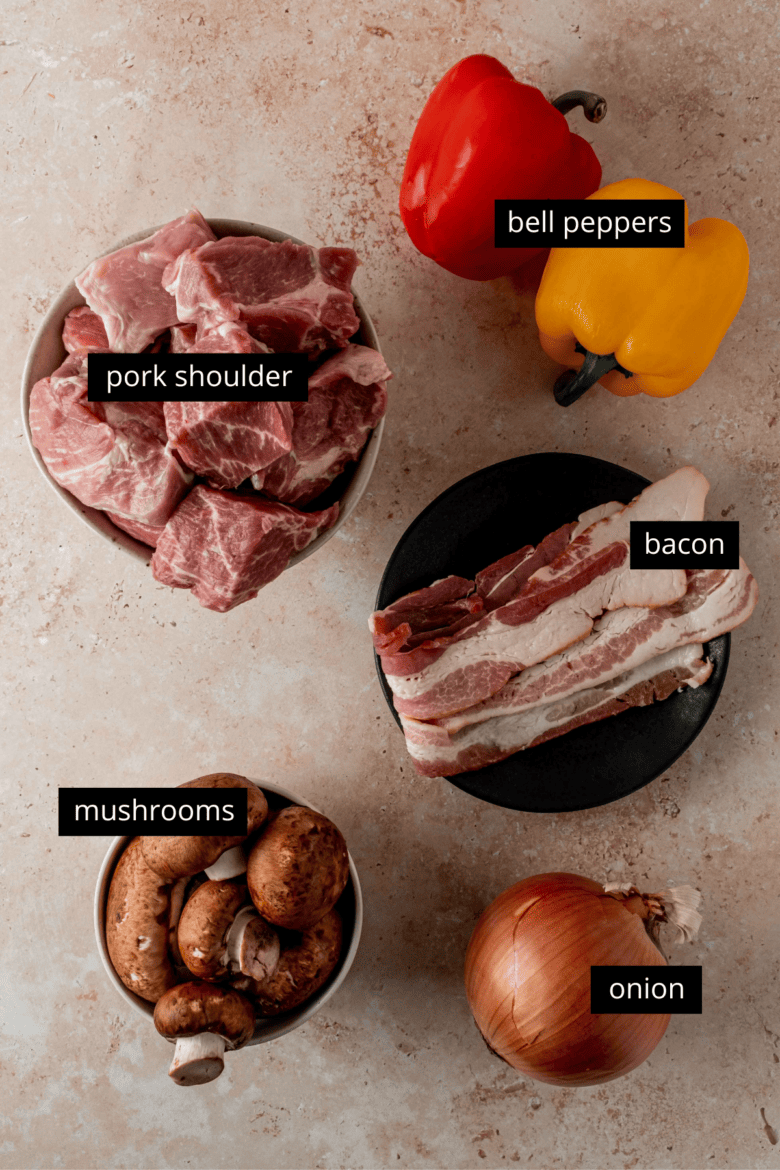 Ingredients to make pork goulash.
