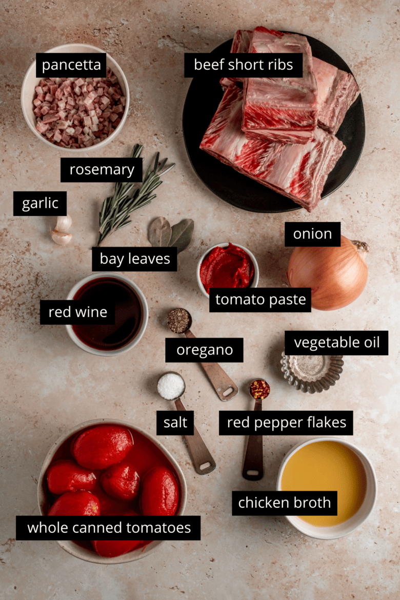 Ingredients to make beef short rib ragu.